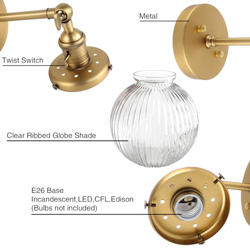 Image of PERMO Vintage Industrial Wall Sconce Lighting Fixture with Mini 5.9 inch Round Clear Globe Ribbed Glass Shade (Antique Brass Gold)