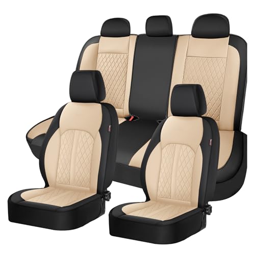 Image of Coverado Universal Leather Seat Covers Full Set for 5 Seats - Waterproof, Durable All-Weather Protector for SUV, Pickup Truck, Sedan, Black&Beige