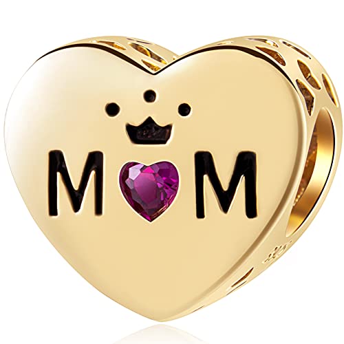 18K Gold Plated Mom Queen Charms, Fits Pandora First Mothers Day Bracelet, 925 Sterling Silver I Love You Mum With Heart Cz Beads, Gift For Christmas/Grandmother/Grandma #TOP26