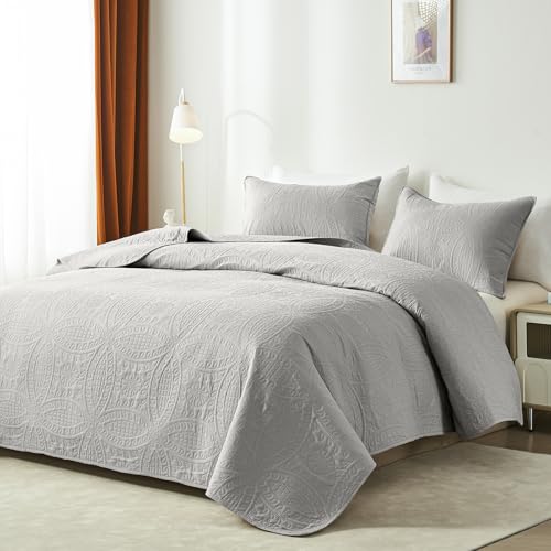 akkialla Twin Quilt Bedding Set,Light Grey Ultrasonic Quilt Set,Lightweight Soft Bedspread Coverlet,Modern Style Coin Pattern Bed Cover for All Seasons,2 Piece(1 Quilt,1 Pillow Sham)