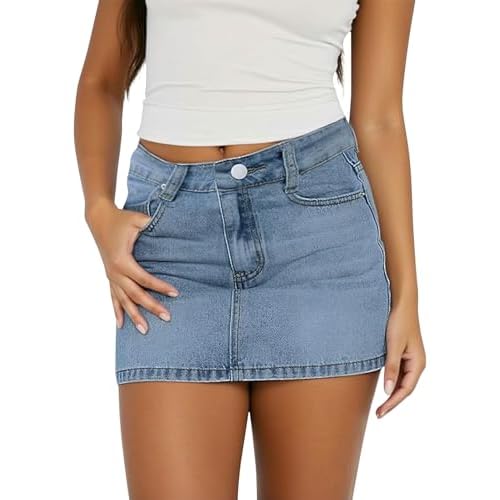 Womens Denim Skirt Mini Stretch Casual Jean Skirt Zip Fly Y2K Cute Skorts for Women with Pockets