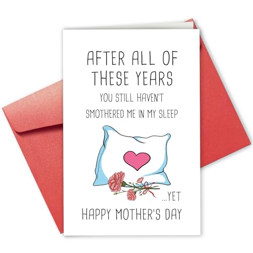 Gevinna Funny Mother's Day Card for Wife, Humorous Mother's Day Card from Husband, Rude Mothers Day Card, Sarcastic Mothers Day Card for Her, You Still Haven't Smothered Me in My Sleep