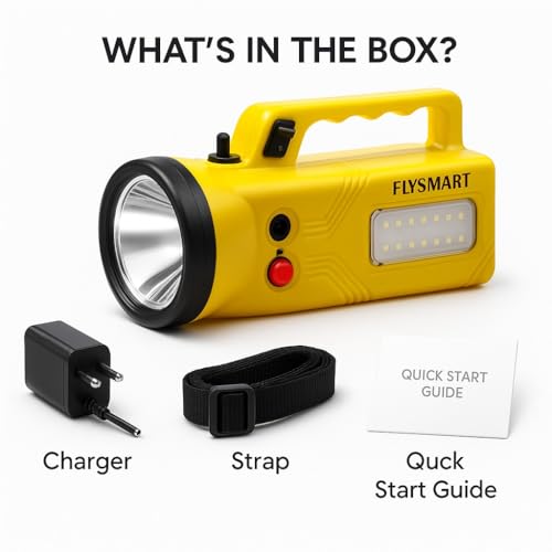 Image of Flysmart Bullet Queen Heavy Duty LED Searchlight Rechargeable, Long Range Focus Beam, Powerful Battery, Waterproof Torch with Side LED for Camping & Emergency
