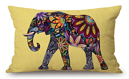 Mandala Floral Elephant Pillow Covers 20" x 12" Lumbar Pillow Covers Home Decorative Cotton Linen Cushion Case for Sofa Couch Housewarming Family Room Décor