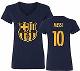 Barcelona Soccer Shirt Lionel Messi #10 Futbol Jersey Womens V-Neck T-Shirt Navy
