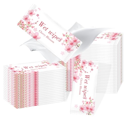50 panni rinfrescanti, carta igienica umida confezionata singolarmente, salviettine umidificate confezionate singolarmente, delicate sulla pelle, ideali per viaggi, ufficio e viaggi, fiori di ciliegio