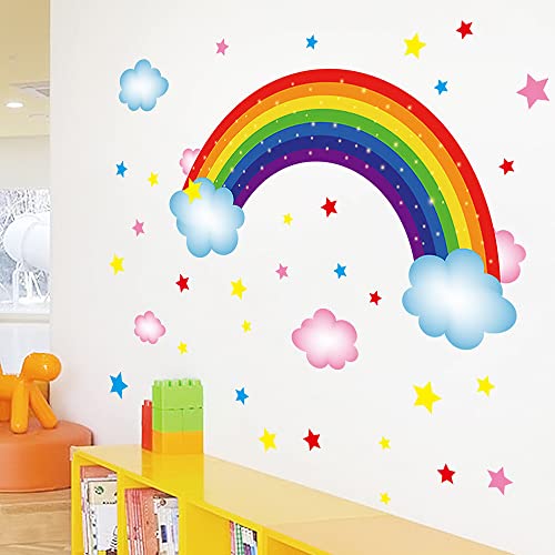 Supzone Large Colorful Rainbow Wall Stickers Clouds Stars Wall Decal For Girls' Room Kids Baby Nursery Bedroom Playroom Living Room Classroom Wall Decor #TOP3