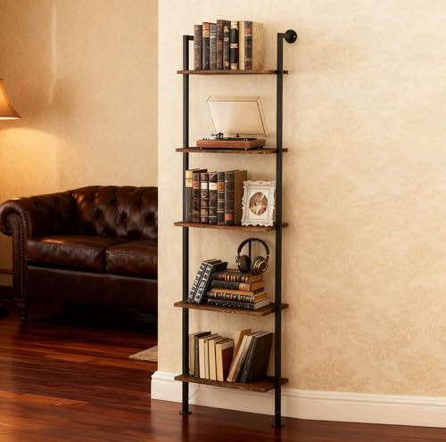 Acovy 5-Tier Bookshelf Solid Wood Ladder Shelf, Narrow Book Shelf