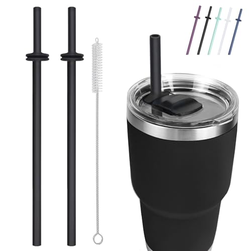 Silicone Straw for Yeti Rambler, 2PCS Reusable Straws & 1 Cleaning Brush for Yeti 30/20 oz Tumbler with Magslider Lid, Adjustable Drinking Straws Accessories Patent Pending (Black)