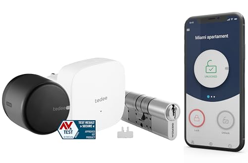 tedee Go Cerradura Inteligente Negro, Bluetooth Cerradura Electronica con Bloqueo Automático y App, Certificado AV-Test (+ Bridge WiFi + Modular Cylinder Gerda 30-61 mm / 37-68 mm (C) + Bar)