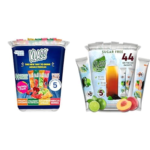 Bundle Klass Aguas Frescas & Iced Tea Sugar-Free Drink Mixes | 44 Powder Packets, 5 Calories Each | Flavors: Cucumber Limeade, Pineapple Tangerine, Hibiscus Berries, Peach & Lime Black Tea On the Go!