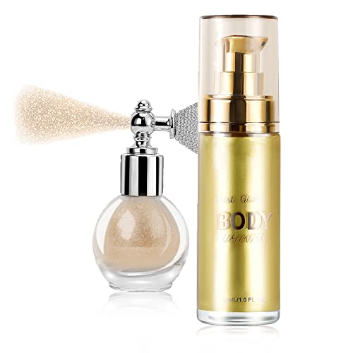 Sumeitang Liquid Illuminator + Glitter Spray, Shimmer Luminizer Face Body Glow Illuminator. Collocation Highlighter Powder High Gloss Glitter Spray For Face Body Lasting Sparkle Makeup(Metallic Gold) #TOP12