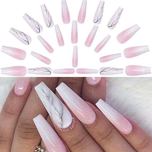 NICENEEDED 24 Stk. Glänzende Künstliche Nägel Mit Marmormuster, Ballerina Gradient Pink Press On Nails, Extra Lange Falsche Nägel Mit Nagelkleber-Aufklebern Cover