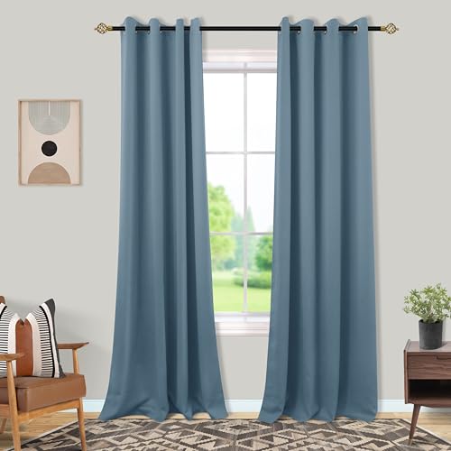 Mrs.Naturall 108 Inch Dusty Blue Blackout Curtains, Grommet Thermal Insulated Light Blocking Drapes for Bedroom Living Room 2 Panel Set 52" W x 108" Long