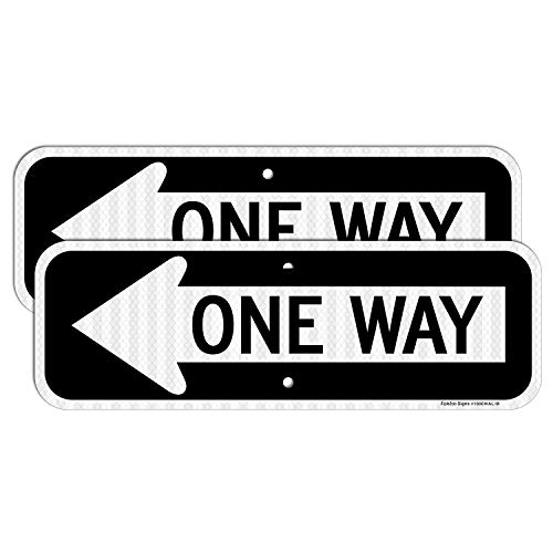 One Way Sign with Left Arrow 18x6 Inches Engineer Grade Reflective Rust Free Aluminum Weather/Fade Resistant UV Protected Easy to Mount Indoor/Outdoor Use (2 Pack)
