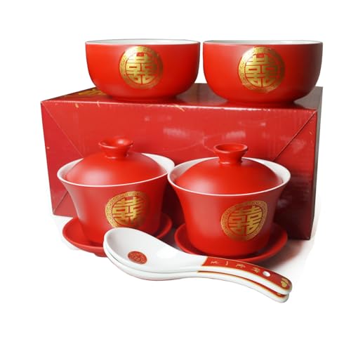 Image of Liang baobao Chinese Tableware Tea Gift 2 Set Gaiwan Bowl Spoon Porcelain Double Happiness for Adults Men Women Couple Wedding Party (Double Happiness)