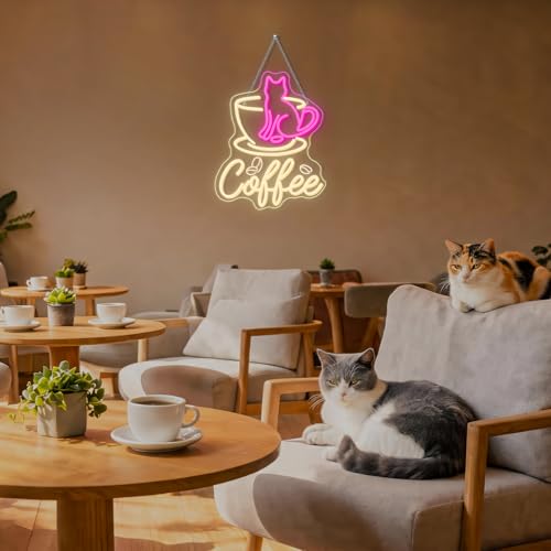Image of Coffee Cat Neon Sign Dimmable Pink LED Wall Light for Cafe Station Decor | 15.7IN*12.5IN,Five level brightness adjustment,USB powered,For Coffee Kitchen Corner Club Window Decor,Party Gifts