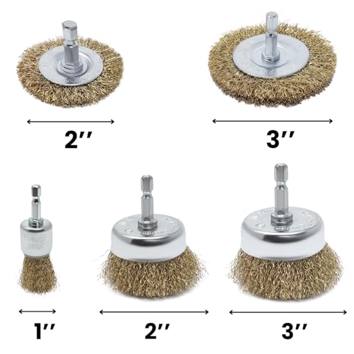 Ensemble de 5 brosses métalliques pour perceuse LINE10 Tools, poils en acier plaqué laiton, élimination de la rouille, décapage de peinture, nettoyage, ébavurage, grilles métalliques, brosse à cupule de soudage, embout hexagonal de 1/4 po, compatible avec les perceuses à percussion