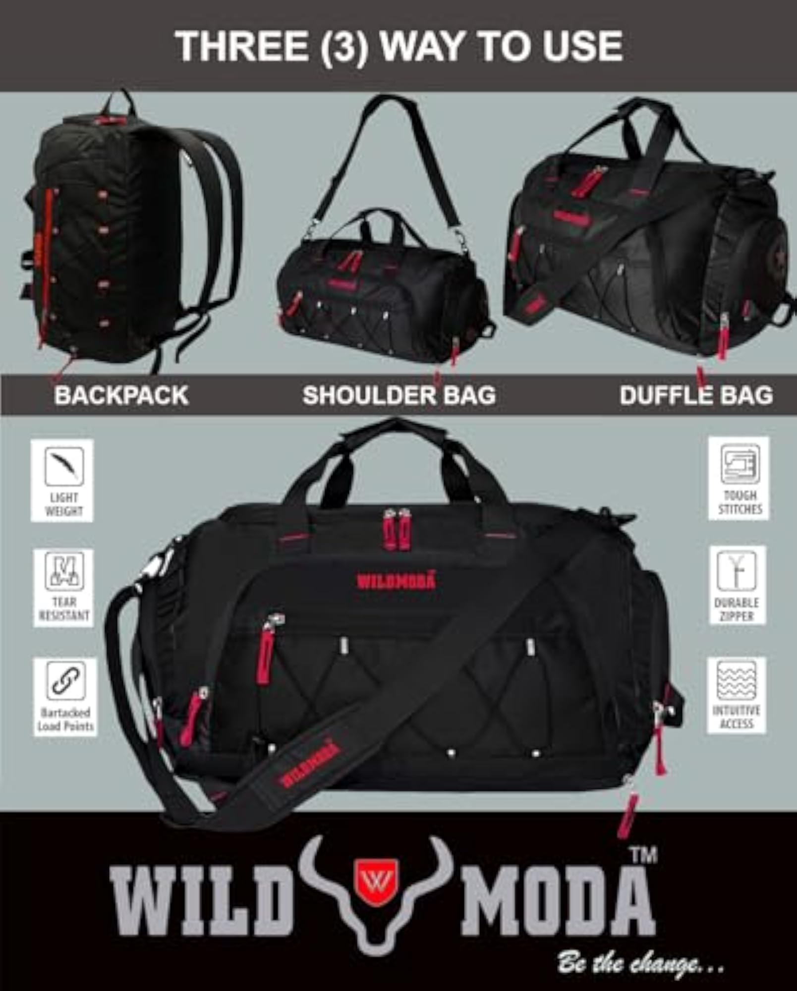 50L Duffel Travel Bag with Multiple Pockets, Black & Red