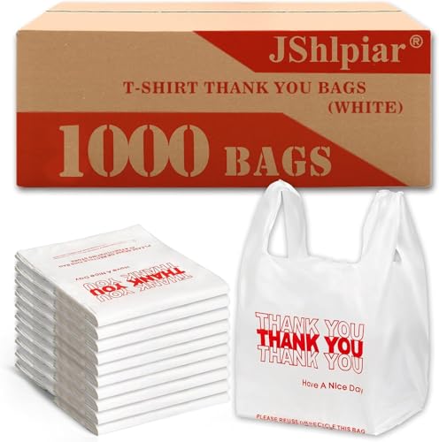 Image of JShlpiar 1000-Pack White Plastic Thank You Shopping Bags (11.5 inch x 6.5 inch x 21 inch) - Bulk Grocery, Takeout, T-Shirt & Retail Carry Bags