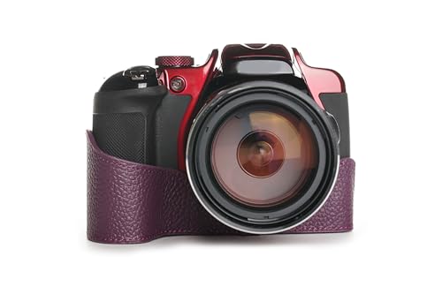 Demi-étui en cuir véritable violet pour Nikon P600, protection élégante fait main