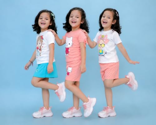 Image of Chandrika Kids Cotton Coordinated Set Pack of 3 half Sleeve And sleeveless T-Shirts & Shorts and skirt Baby Girls Summer Dress Combo