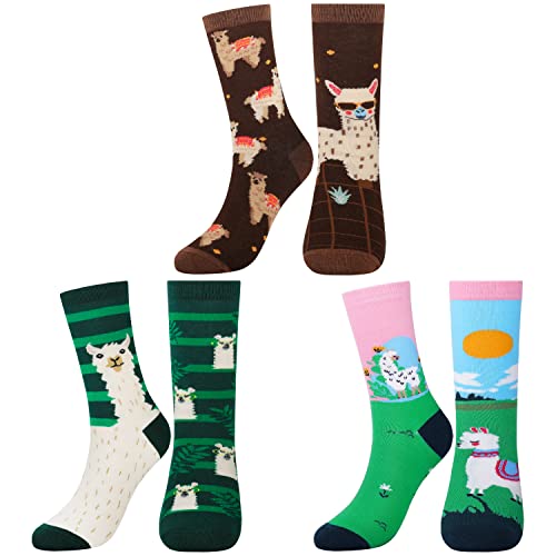 Jeasona 3 Paare Lama Socken Damen 39-42 Lustige Alpaka Geschenk für Frauen Alpaka Socken Damen 39-42 Lustige Witzig Baumwolle Bunt Lama