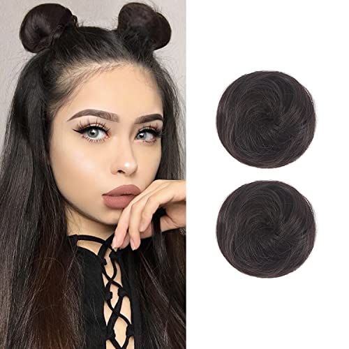 2PCS Mini Claw Fake Buns Straight Hair Bun Extensions Hair Donut Chignon Clip in Scrunchies, Black Brown, Straight Hair 2pcs