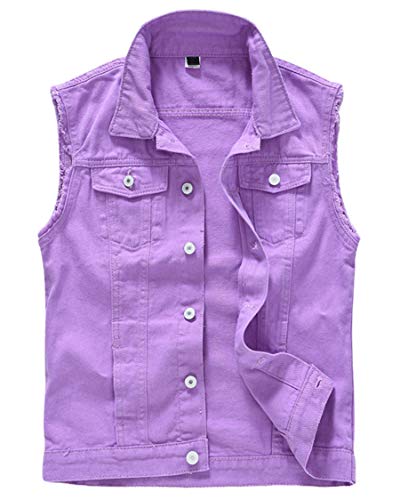Image of ebossy Men's Ripped Distressed Denim Vest Sleeveless Button Up Jean Vest Jacket (X-Small, Purple)