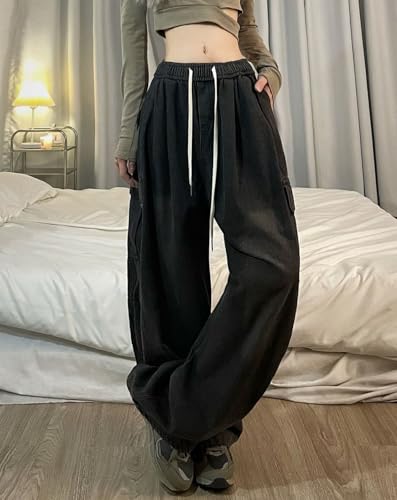 Cargo Pants for Women Men Baggy Jeans High Waisted Wide Leg Drawstring Pants Pants with Pockets Grunge Streetwear4