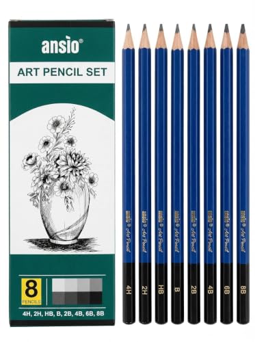 ANSIO Drawing Pencils Set of 8 2H 4H HB B 2B 4B 6B 8B Sketching Pencil Smooth Graphite Art Pencils for Shading Sketching & Doodling Ideal for Artists and Beginners