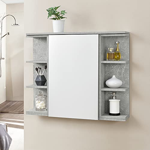 [en.casa] Placard Mural Design Meuble de Rangement à Suspendre Meuble de Salle de Bain Porte avec Miroir Étagères Réglables Panneau de Particules Mélaminé 64 x 80 x 20 cm Effet Béton