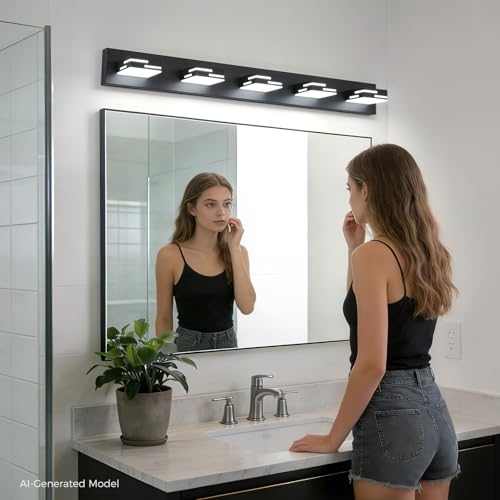 MKBNG 5-Light Modern Bathroom Vanity Light Fixtures, 40-Inch 350° Rotatable LED Vanity Lights Over Mirror, Dimmable 5500K Natural White Matte Black Wall Sconce with Frosted Acrylic Shade by MKBNG - Used condition - Image 8