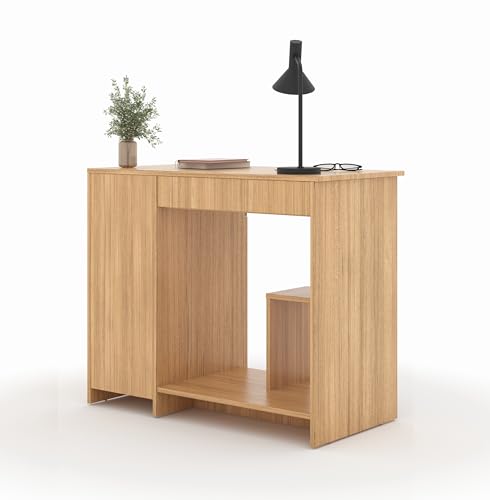 Image of 45x90x76CM Engineered Wood Study & Office Table with Drawer, Cabinet Storage & Keyboard Tray | Sturdy, Foldable DIY Multipurpose Table- Urban Teak with Grey