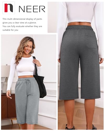 Neer 3 Pack Women's Capri Pants, Drawstring Wide Leg Crop Lounge Sweatpants Summer Yoga Casual Cropped Pants with Pocket(Black, Dark Gray, Light Gray,Medium) — view 5