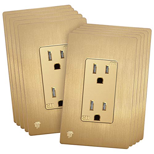 Image of ENERLITES Elite Series Decorator Receptacle Outlet Child Safe Tamper-Resistant, Gloss Finish, Self-Grounding, Residential Grade, 15A 125V, UL Listed, 61501-TR, Brushed Gold (10 Pack)