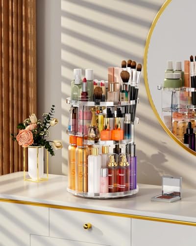 REHUK 360° Rotating Makeup Organiser, Clear Acrylic Cosmetic Storage Display, 23 cm x 30.2 cm, Multi-Tier