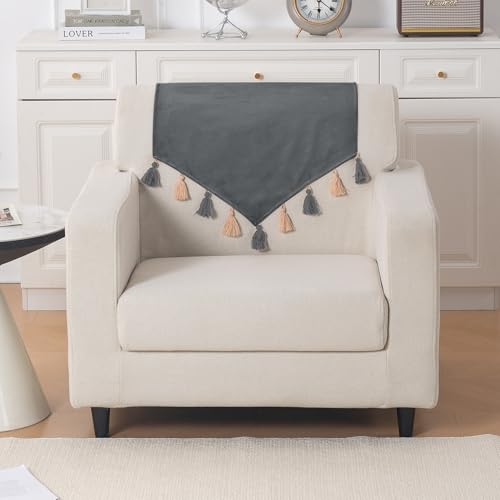 Image of HOKIPO Premium Holland Velvet Sofa Backrest Cover with Tassels - 'TasselTone Series', Graphite Grey (IN-1103-DGRY)