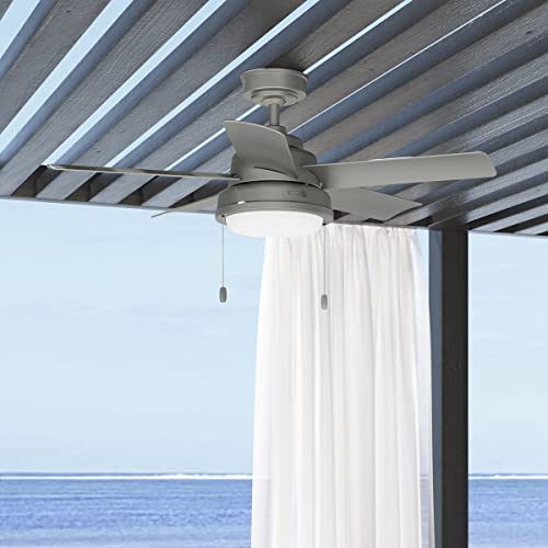 Image of Hunter 44 inch Seawall Outdoor Ceiling Fan, LED Light, Matte Silver, Pull Chain