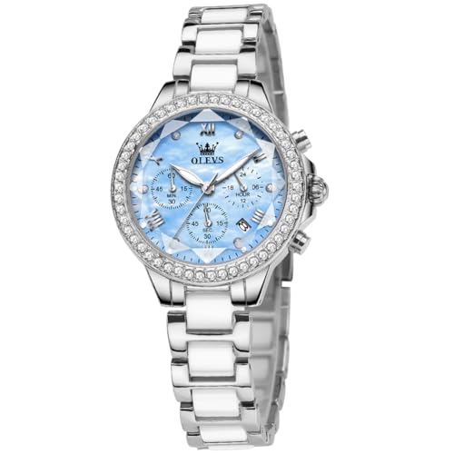 Montre à quartz analogique OLEVS femme cuir marron cadran bleu avec strass