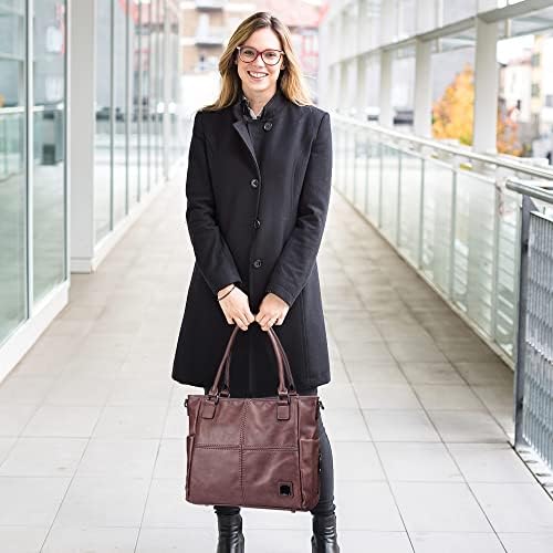 JANZORE Women Handbags Large Leather Tote Bag Ladies Fashion Vegan Soft Multi Pocket Large Capacity with Compartments Laptop Handbag Vintage Shoulder Bag for Work School Office