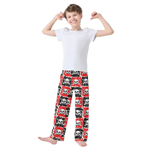 Pirate Skull Plaid Boys Long Pants Soft Trousers Elastic Waist Kids Lounge Bottoms with Pockets S-XL2