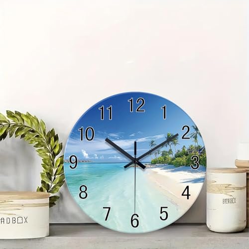 Image of XFM Beach Coastal Wall Clock 16 Inch Blue Seascape | Battery Operated Tropical Modern Glass Decorative for Living Room Bedroom Kitchen Office Silent Non Ticking