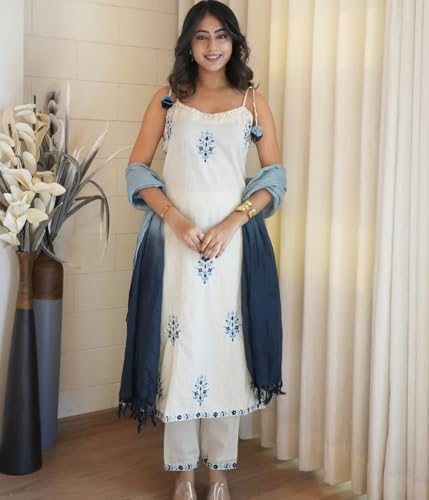 Image of Leriya Fashion Kurta Set with Dupatta for Women | Ethnic Kurti Sets for Woman Sleeveless | Round Neck Embroidery Kurta Set for Woman | Ethnic Traditional Straight Kurti Set for Daily Office Outfit