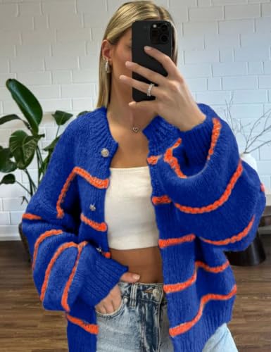 Image of QIBABU Womens Striped Cardigan Sweaters Casual Open Front Long Sleeve Button Down Knit Outwear