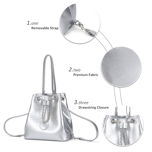 Bolso pequeño de cuero estilo bucket plateado para mujer miniatura 4