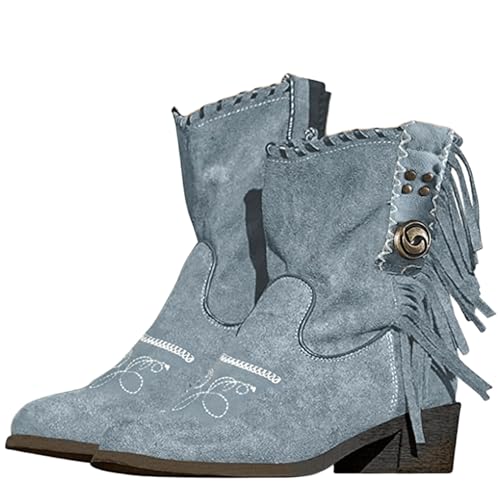 Ladmiple Fringe Boots For Women Boho Cowgirl Cowboy Western Ankle Boots Mid Calf Short Booties Fashion Winter Walking Shoes, Blue, 6.5