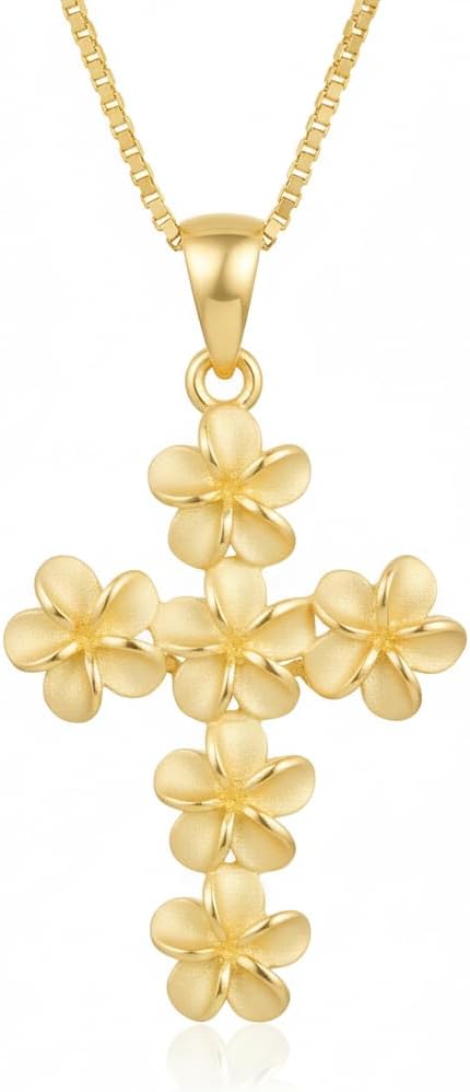 925 Sterling Silver Plumeria Flower Cross Pendant with 18" Box Chain, Gold Plated, Nickel Free Hypoallergenic for Sensitive Skin, Hawaiian Jewelry for Women, Gift Box Included