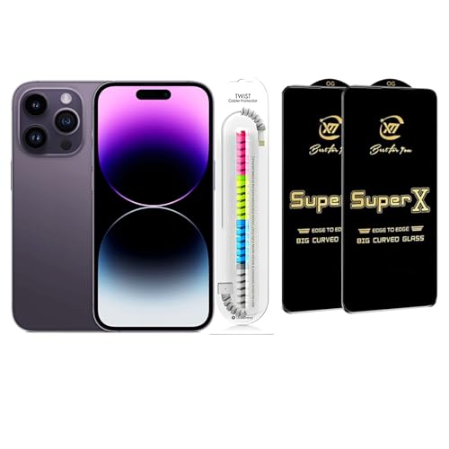 Image of Edge To Edge Tempered Glass Screen Protector Compatible With iPhone 14 Pro Max, 9H Hardness, Anti-Fingerprint, FHD Clear With Cable Protector Pack 2