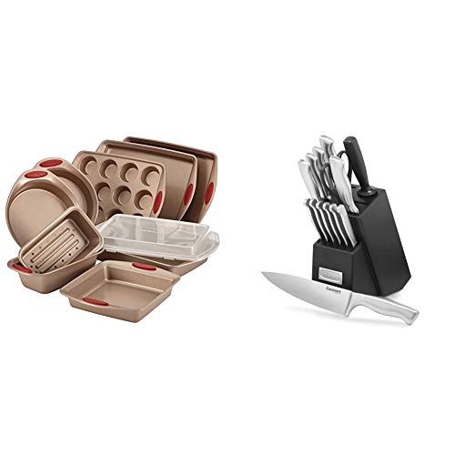 Rachael Ray 52410 Cucina Nonstick Bakeware Set with Baking Pans, Baking Sheets, Cookie Sheets, Muffin Pan and Bread Pan - 10 Piece & Cuisinart 15-Piece Stainless Steel Hollow Handle Block Set